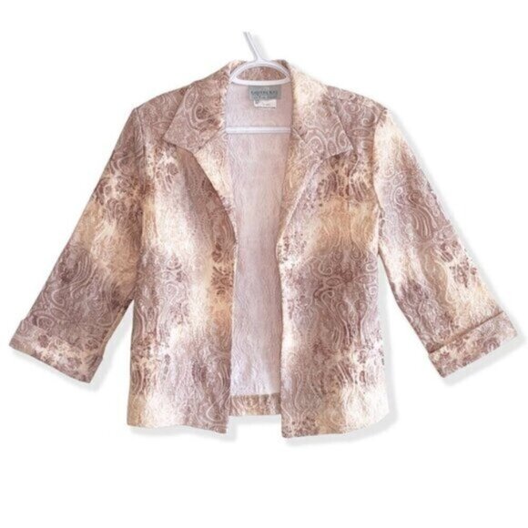 Vintage 90s Baroque Paisley Blazer – Gold Beige Open Front Jacket, Elegant Retro - Picture 1 of 5